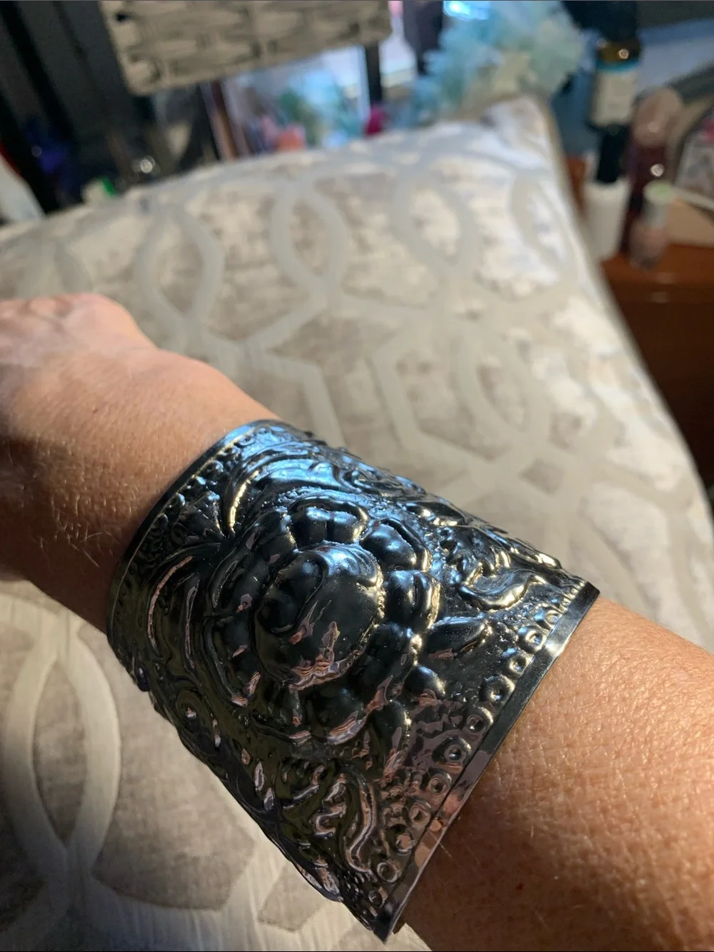 Wide Vintage Floral Cuff Bracelet Silver Tone